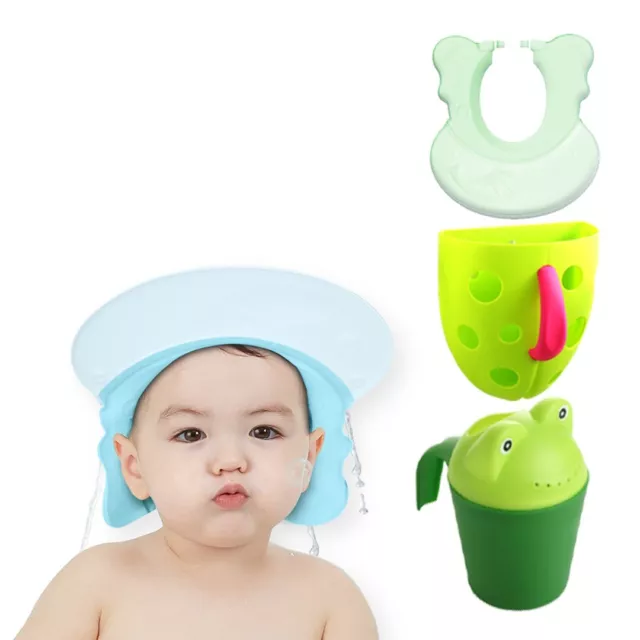 Baby 3 in 1 Hair Wash Cap & Bath Toy Organizer & Frog Design Rinse Cup Green