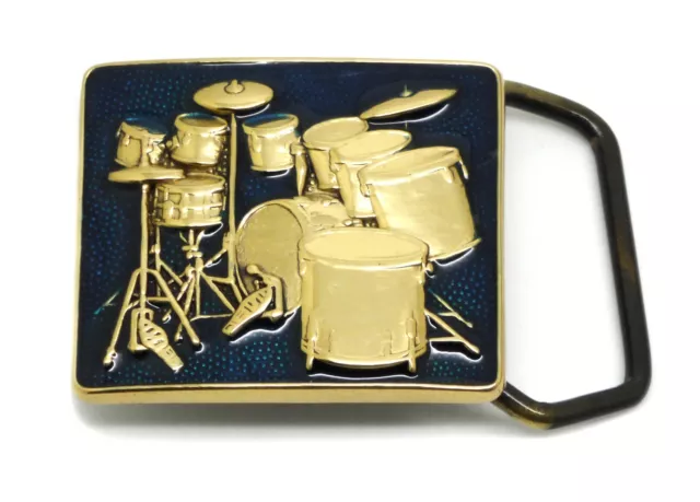 Music Belt Buckle Small Teal Drum Kit Design Solid Brass Authentic Baron Buckles