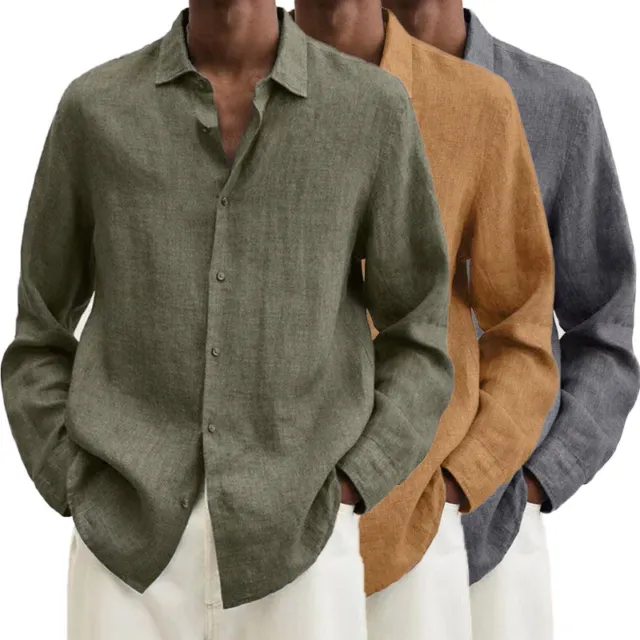 Men's Long Sleeve Cotton Linen Shirt Casual Baggy Plain Button-down Blouse Tops