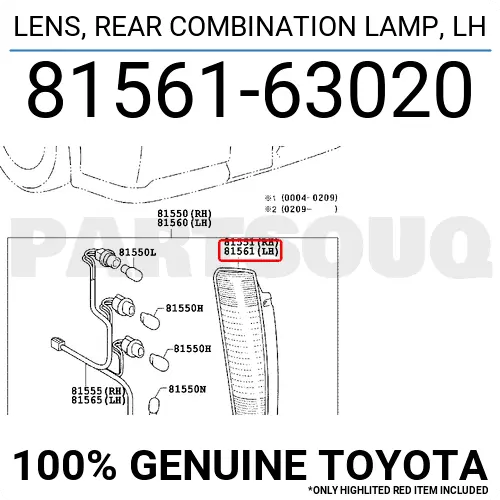 8156163020 Genuine Toyota LENS, REAR COMBINATION LAMP, LH 81561-63020 OEM
