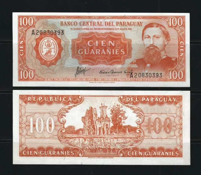 PARAGUAY 100 Guaranies 1952 (1963), P-199b S/N Top Left, Pack Fresh UNC, Orange