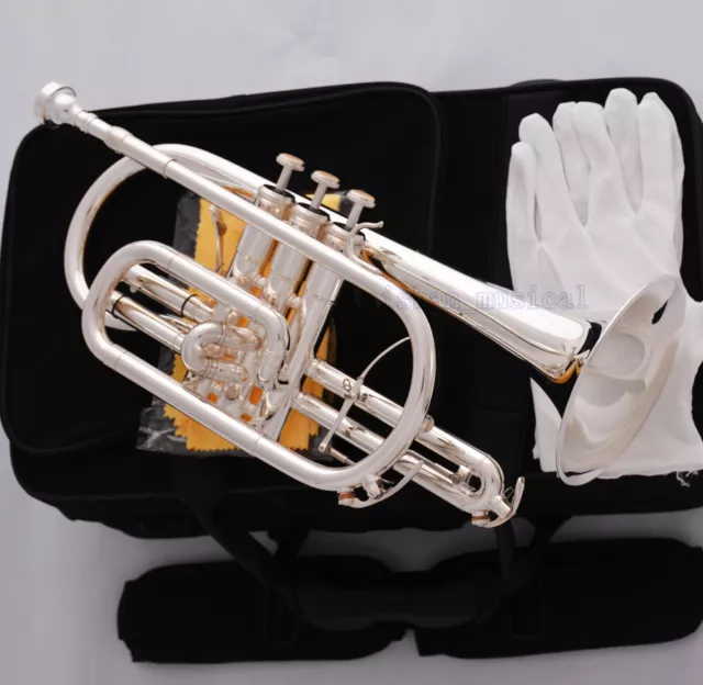 Professional Silver Plated Double Trigger Cornet Horn B-Flat Monel Valve W/Case
