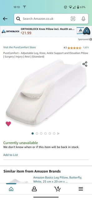 Almohada de elevación ajustable PureComfort - nueva, para soporte de piernas, rodillas y tobillo