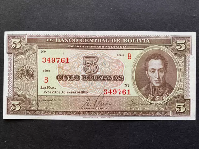 BOLIVIA, 1945, Billete Banco Central de Bolivia, CINCO BOLIVIANOS, Serie B, Unc