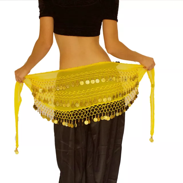 Belly Dance Yellow Gold Coin Belt Chiffon Hip Scarf Wrap Bollywood Devs Costumes