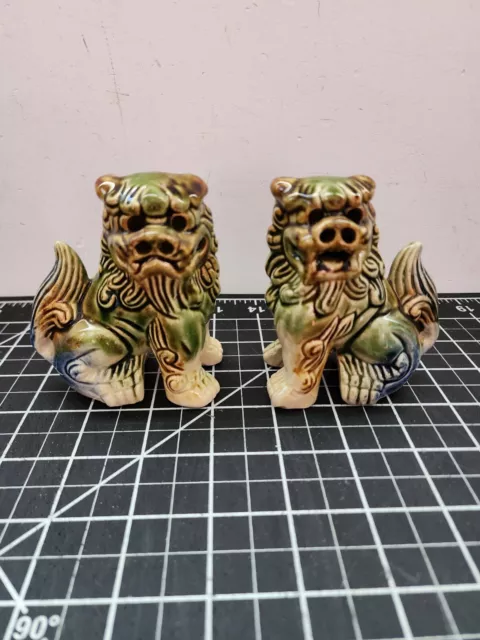 Vintage Pair Green Blue Brown Chinese Porcelain Foo Dogs Lions Dragons 4” Tall