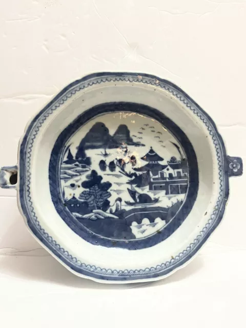 19th Century Chinese Export Canton Porcelain Blue + White Hot Water Warming Dish