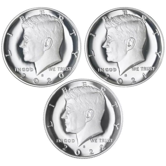 2020-2022 S Kennedy Half Dollar 99.9% Silver Gem Deep Cameo Proof Run 3 Coin Set