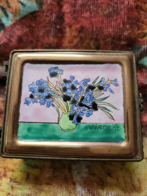 Vintage 2001 Kelvin Chen Enamel Copper Lined Trinket/Jewelry Box Van Gogh Irises