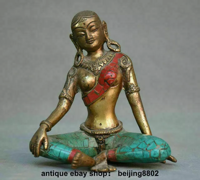 6" Old Tibet Buddhism Bronze Turquoise Coral Seat Free Kwan-Yin Guan Yin Statue