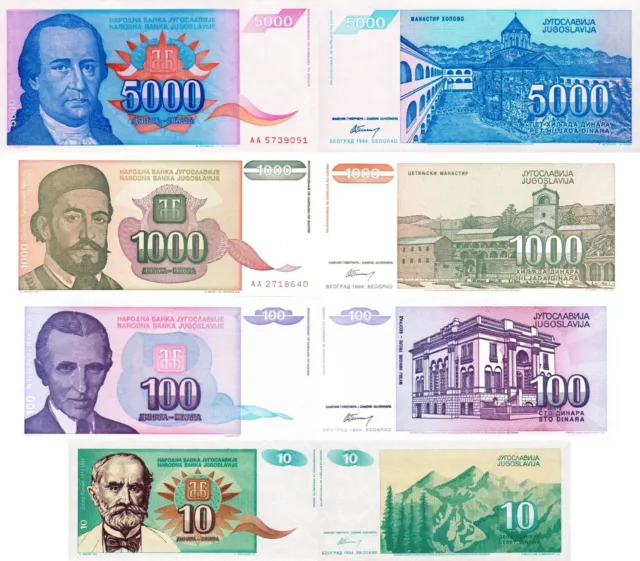 YUGOSLAVIA - Lotto 4 banconote DIFFERENTI 10/100/1000/5000 dinara - FDS UNC