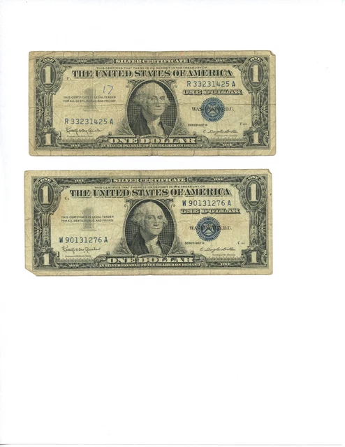 Set of 2--1957 One Dollar Blue Seal Silver Certificate Old US Bill $1 Money