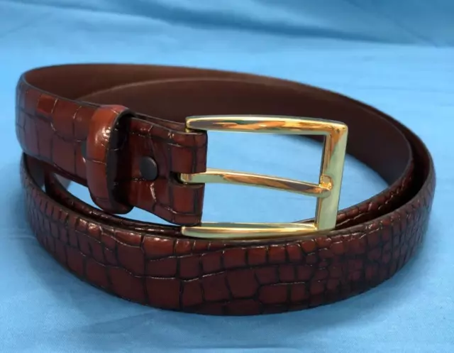 TORINO Brown EMBOSSED LEATHER Moc Croc Print GOLD HARDWARE Dress WAIST BELT 46