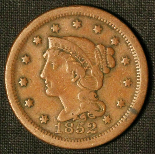 1852 1c Braided Hair Large Cent - Free Shipping USA