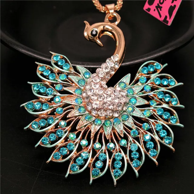 Betsey Johnson Rhinestone Blue Shining Peacock Crystal Pendant Chain Necklace
