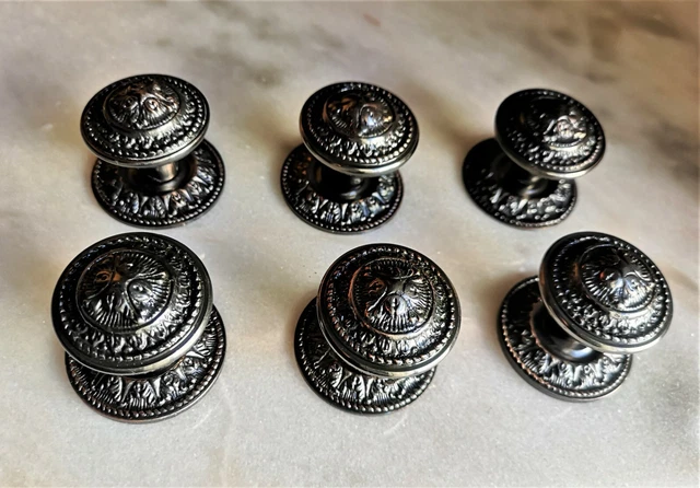 6 VINTAGE DRAWER KNOBS - Blackened BRASS Victorian style - HANDLES Pulls 35 mm
