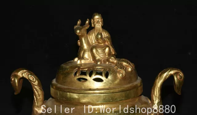 8.8" Old Chinese copper Gilt Riding deer god of longevity Incense Burner Censer 2