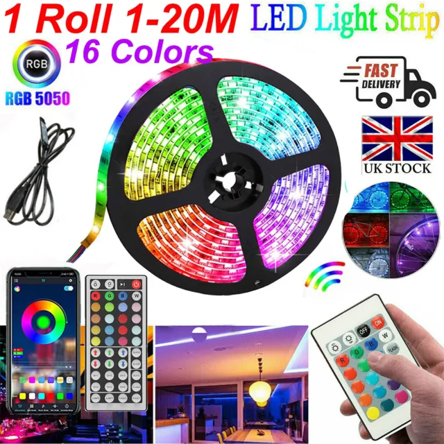 1-20M LED Strip Lights RGB Colour 5050 Changing Tape Cabinet Kitchen Lighting UK