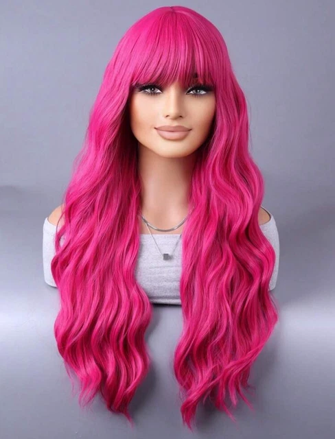 Perruque Longue Rose Synthétique 70cm Avec Frange Et Boucles - Taille Moyenne