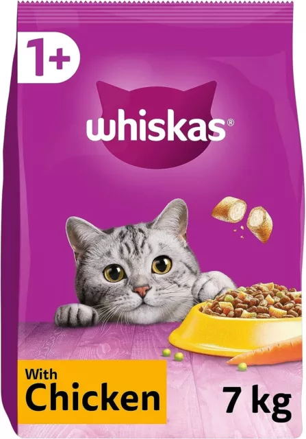 Paquete completo de 7 kg de whiskas 1+ para adultos comida seca para gatos pollo a granel galletas para gatos