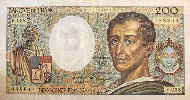 FRANCE - 200 Francs - 1986 - Pick 155A - Montesquieu - Large Colorful Note!