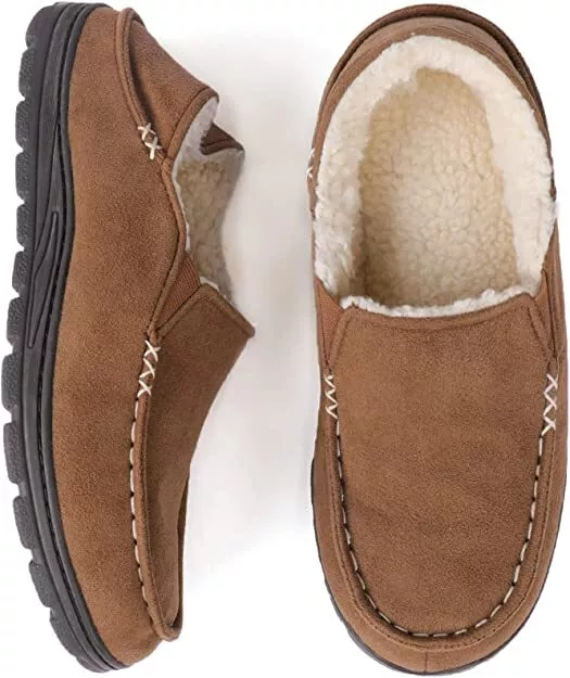 Mens Warm Fuzzy Moccasin Slippers Wide Sherpa Fleece Winter Outdoor house shoes