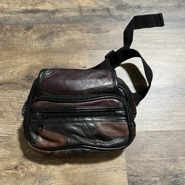 Vintage 1980s Patchwork Leather Fanny Pack Sling Organizer Bag Crossbody VTG