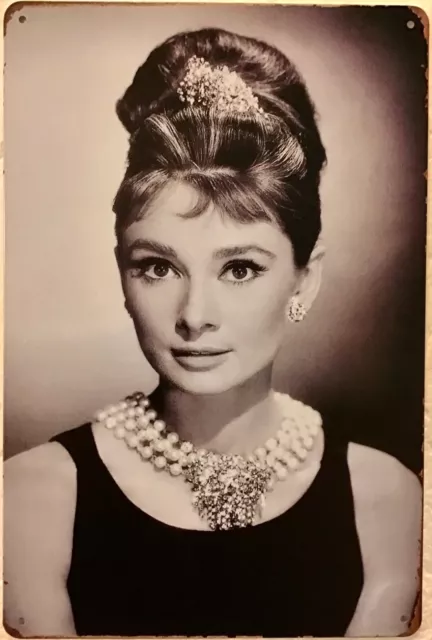 TIN SIGN 8x12 Audrey Hepburn famous Hollywood movie actress pearl necklace B3