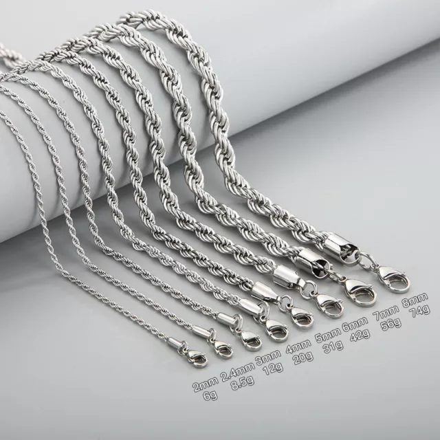 316L Stainless Steel Rope Chain 20"22"24" Men Women Necklace 2/2.4/3/4/5/7/8mm