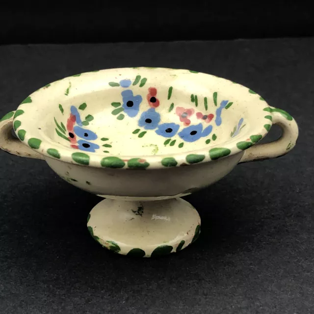 Italian Handmade Ceramic Tiny Pedestal Bowl With  Flowers Rustic Vintage