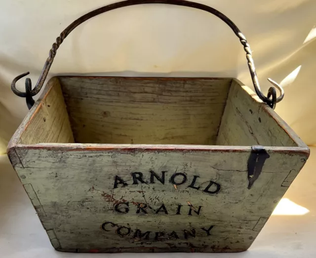 Antique Primitive Arnold Grain Company Sage Green Painted Wooden Box Iron Handle