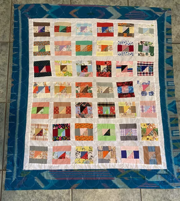 Quilt Hand-Made Scrappy Sqaures Vintage Fabrics Cotton & Blends Novelty 35”X38”
