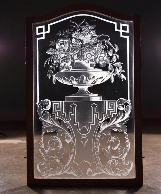*Antique French Etched Glass Window or Panel with Solid Oak Wood Frame