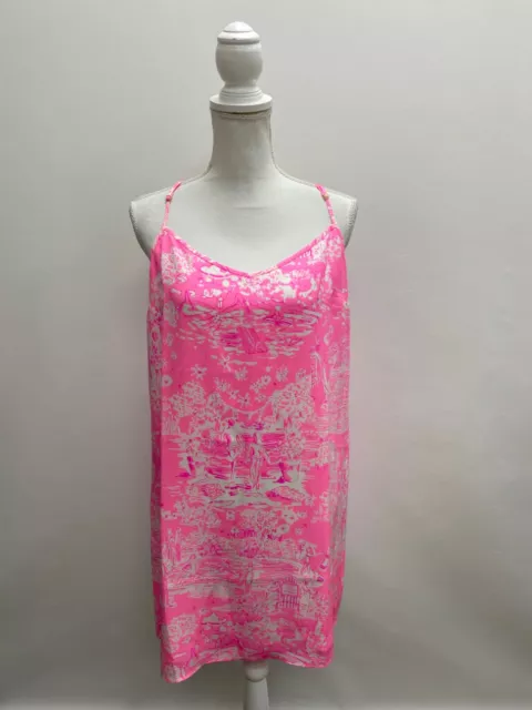 LILLY PULITZER Ladies Size L Pink "Skinny Dippin" Silk Dusk Slip Dress