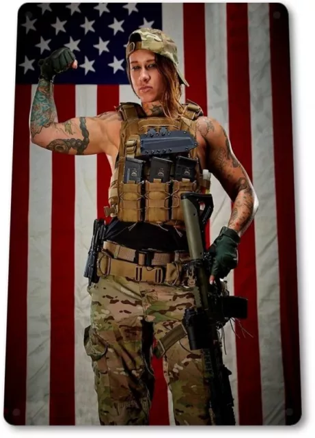 American Pinup Girl Sexy Combat Military Man Cave Gun Wall Decor Metal Tin Sign