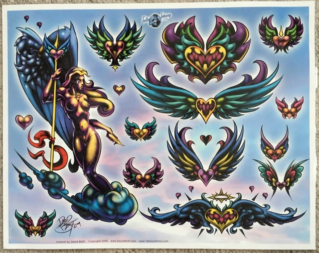 Tattoo Studio Shop Flash Single By David Bollt Winged Hearts Angel 11"X14" Print