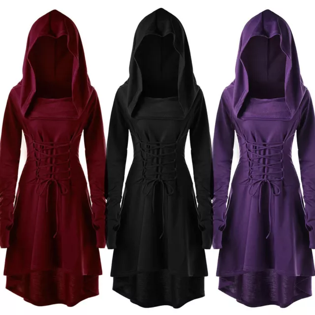 Women Costumes Lace Up Hooded Vintage Pullover High Low Bandage Long Dress Cloak