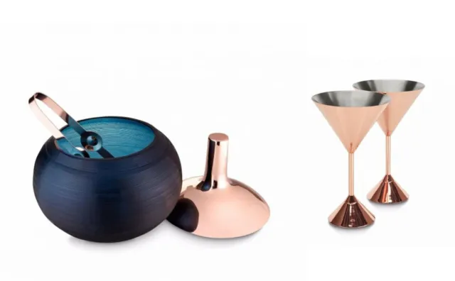 Tom Dixon Plum Copper & Blue Glass Martini Set with Ice Bucket and Glasses