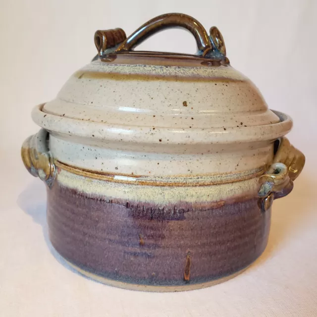 Covered Stoneware Pottery Casserole Bowl Hand Thrown Studio Art Signed 1 Quart