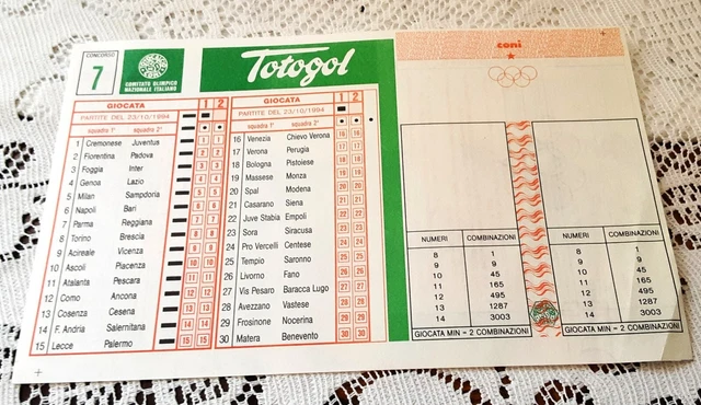 Schedina Totogol 1994 Originale Non Giocata