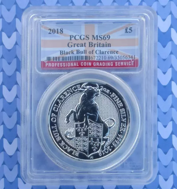 2018 PCGS MS69 Black Bull Great Britain Queen's Beasts 2oz .9999 Silver Coin £5