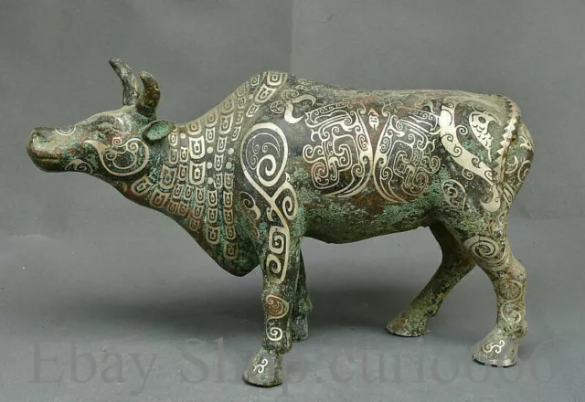 14" Rare Old China Silver Bronze Ware Dynasty Palace Bull Oxen OX Sculpture