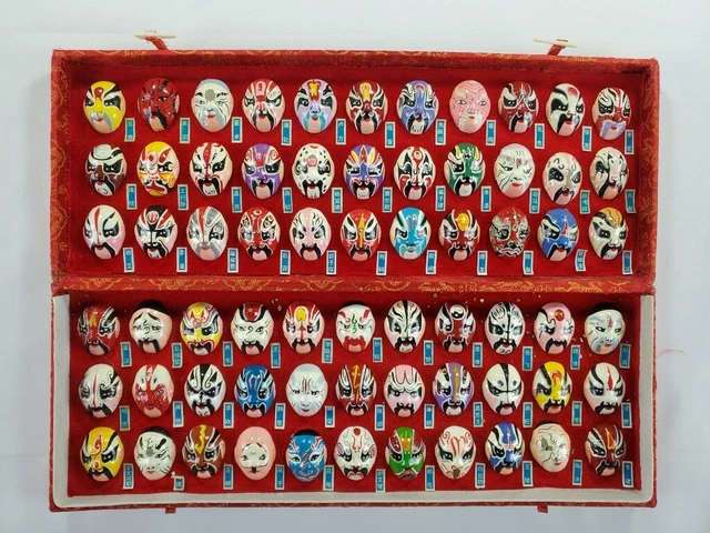Hand Painted Chinese Opera Facial Makeup Set of 66 Miniature Masks & Box Beijing