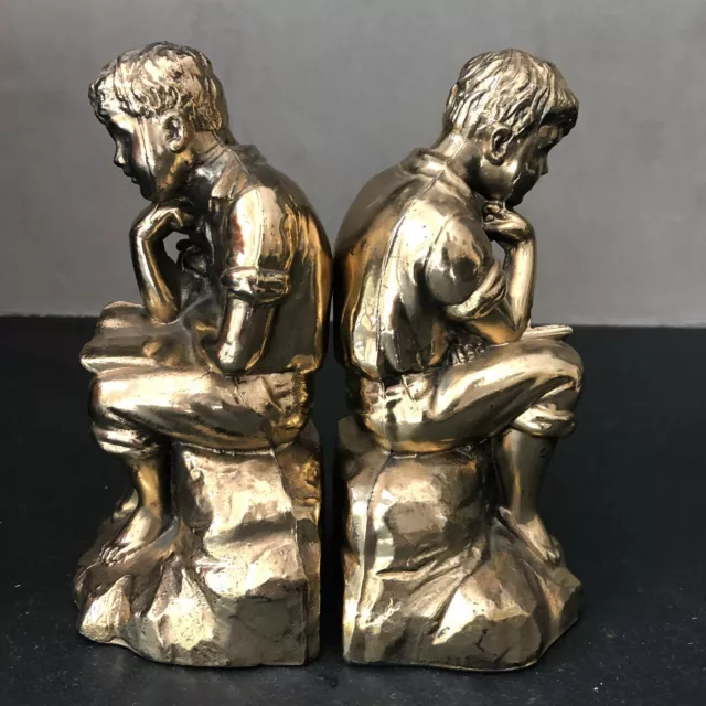 Vintage Gold colored Bronze Statue "Thinking Boy" Bookends "Thinking Man"