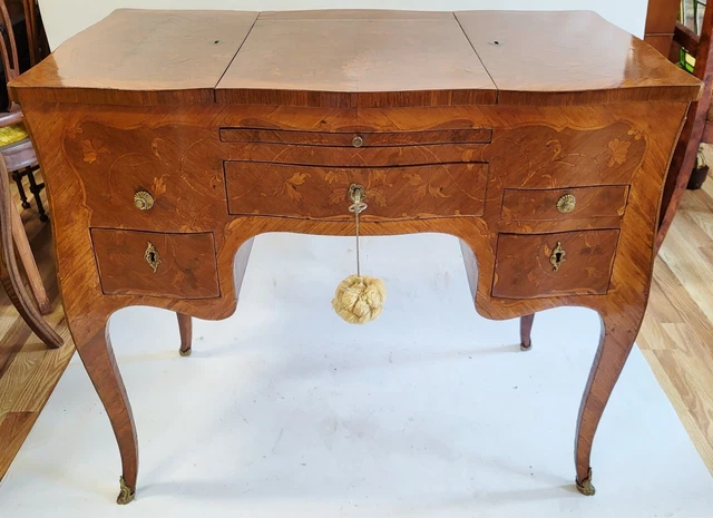 Antique FRENCH 19th C MARQUETRY Inlaid FOLDING VANITY Lady POUDRE Writing DESK