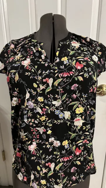 Pleione Womens Colorful Blouse Black Multicolor Floral Short Sleeve V Neck SizeS