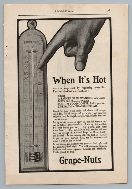 1890s-1910s Print Ad Grape-Nuts Cereal Thermometer Grape Nuts Hand Pointing