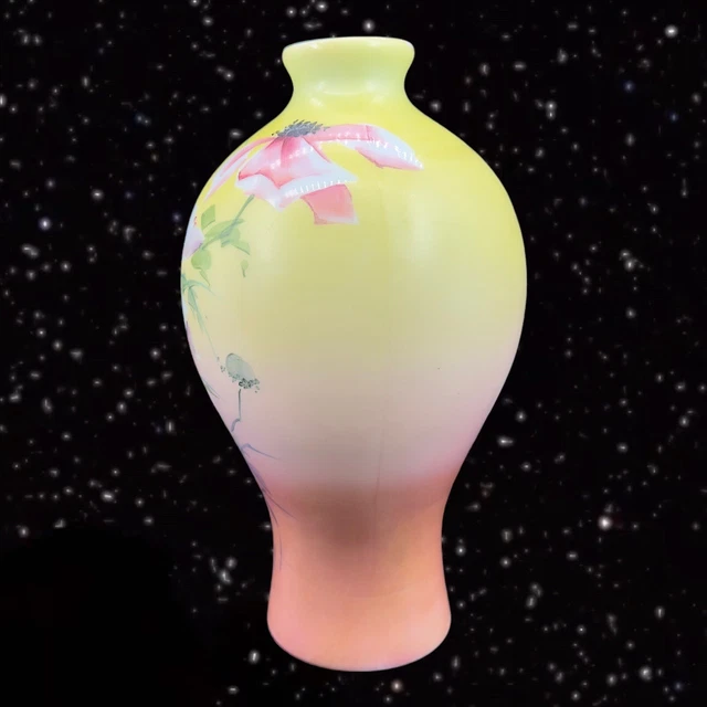 Vintage Hand Painted Milk Glass Vase Floral 1950s Glass Vessel Tall 10”T 2”W 2