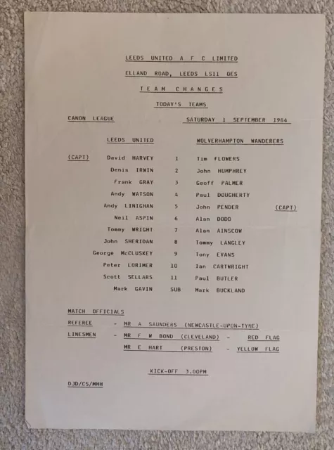 LEEDS UNITED 1984-85 v WOLVERHAMPTON WANDERERS OFFICIAL TEAMSHEET CHANGES