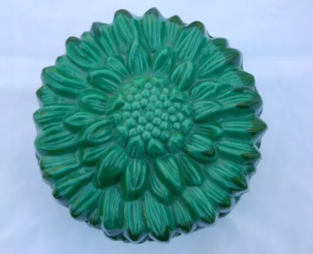 Vintage Czech Bohemian Malachite Green Art Glass Sunflower Floral Trinket Dish